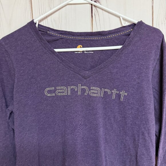 Carhartt V-Neck Long Sleeve Tee Women’s Large Purple Beaded Logo EUC - Picture 2 of 11